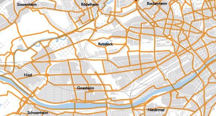 Kartenausschnitt Frankfurt West mit markierten Radstrecken